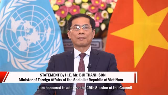 Minister of Foreign Affairs Bùi Thanh Sơn speaks at the high-level segment of the 49th regular session of the United Nations Human Rights Council held in Geneva, Switzerland.