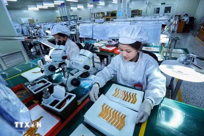 Workers examine electronic circuit boards at a Republic of Korea-invested company in the Yen Phong Industrial Park in Bac Ninh province. (Photo: VNA)