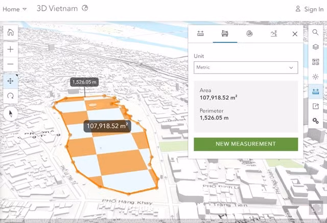 Area measurements of Hoàn Kiếm Lake on the Việt Nam Geospatial Information Portal. — VNS Screenshot