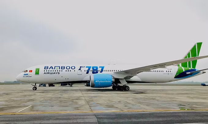 A 787-9 Dreamliner jet of Bamboo Airways taxis at Noi Bai International Airport in Hanoi.