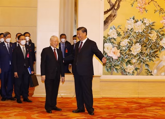 General Secretary of the Communist Party of Việt Nam Nguyễn Phú Trọng and General Secretary of the Communist Party and President of China Xi Jinping at the welcoming ceremony for the Vietnamese Party leader in Beijing on October 31, 2022. VNA/VNS Photo Trí Dũng