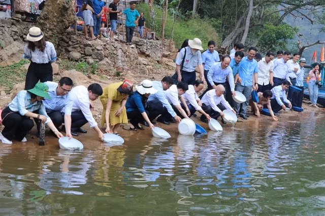 In response to the International Day for Biodiversity, people release 1,500 small fish at the Ba Bể Lake in Bắc Kạn Province. — VNA/VNS Photo Vũ Hoàng Giang