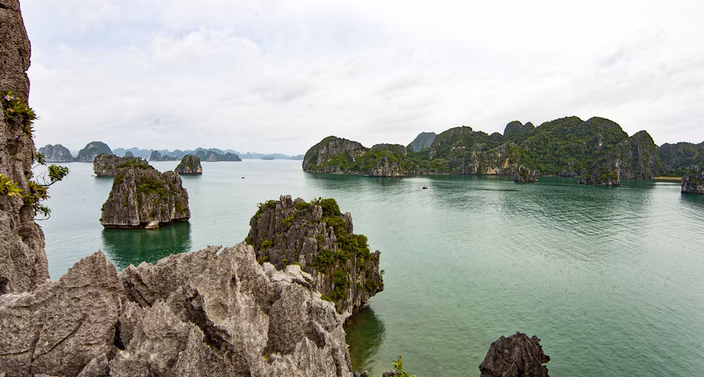 The gulf of Ha looks like a natural picture with immense, magnificent karst landscape, and blue sea water.