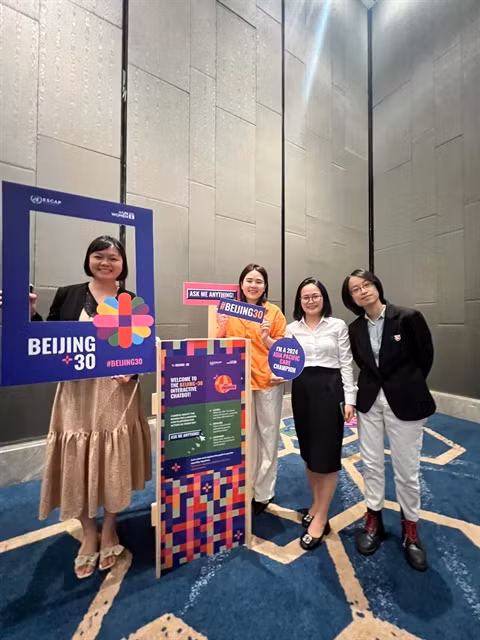 Tống Khánh Linh, Nguyễn Khánh Linh (first, second from left) and Đặng Thuỳ Dương (first right) at the Asia and the Pacific Regional Civil Society Young Feminist Forum on Beijing+30. — Photo courtesy of Nguyễn Khánh Linh