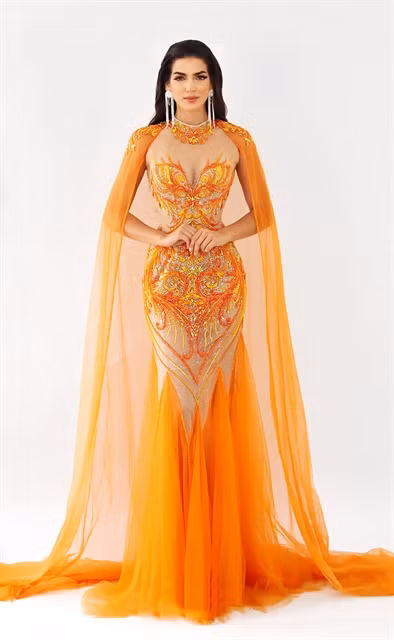 The design that Pereira wore when she was crowned Miss Supranational Caribbean 2023 is inspired by the message 'Orange the World', an initiative launched by the United Nations on the International Day for the Elimination of Violence against Women. Photo courtesy of Nguyễn Minh Tuấn