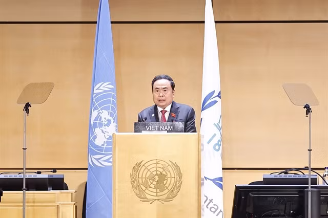 Chairman of the Vietnamese National Assembly Trần Thanh Mẫn addresses a general debate of the sixth World Conference of Speakers of Parliament in Geneva, Switzerland, on July 29. — VNA/VNS Photo Doãn Tấn
