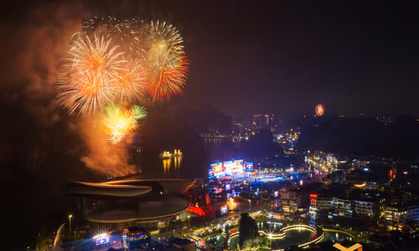 Spectacular fireworks above the shore and across the Bay